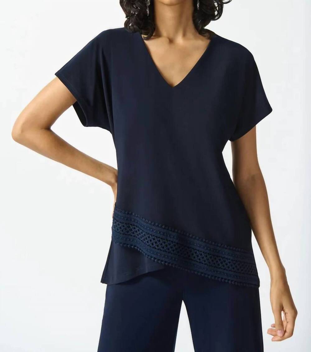 NEW JOSEPH RIBKOFF lace trim v-neck top in midnight blue